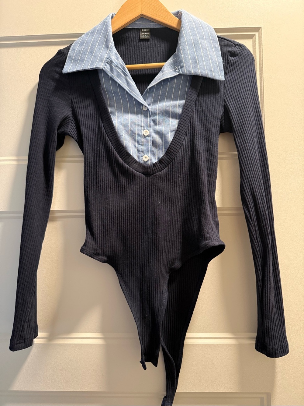 SHEIN Black Ribbed Top with Blue Collar Detail NEW WITHOUT TAGS